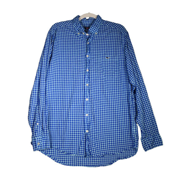 Vineyard Vines Shep Ian Button Down Shirt Mens L Blue Check Slim Fit 100% Cotton - Picture 1 of 12